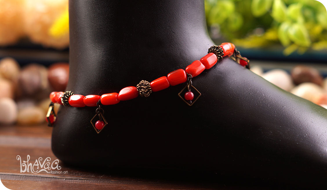 bhavaa Premium Gemstone Jewelry- Anklet. Coy Radiance Collection, Mark-2 | Gemstones: Red Coral, Red Jade