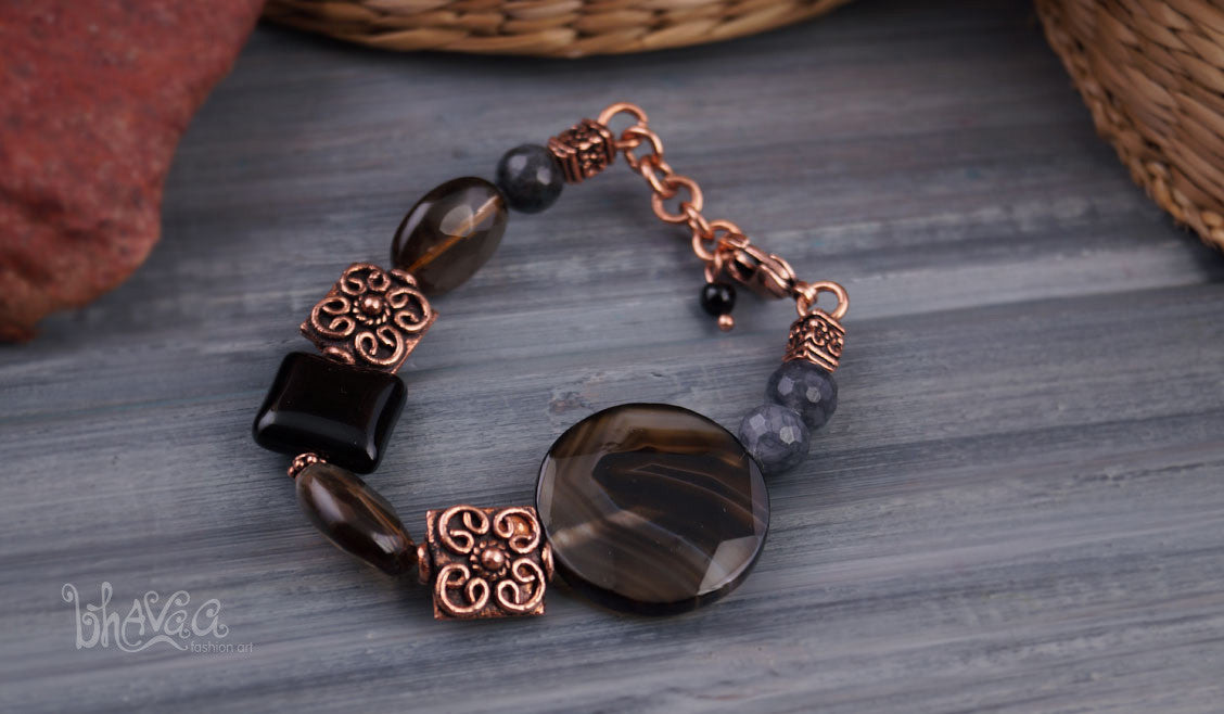 bhavaa Premium Gemstone Jewelry- Bracelet. Innate Poise Collection, Mark-1 | Gemstones: Botswana Agate, Obsidian, Onyx Agate, Smoky Quartz, Brazilian Aquamarine