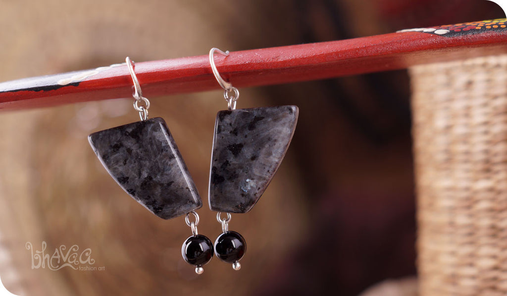 bhavaa Premium Gemstone Jewelry- Earrings. Innate Poise Collection, Mark-1 | Gemstones: Black Onyx Agate, Larvikite