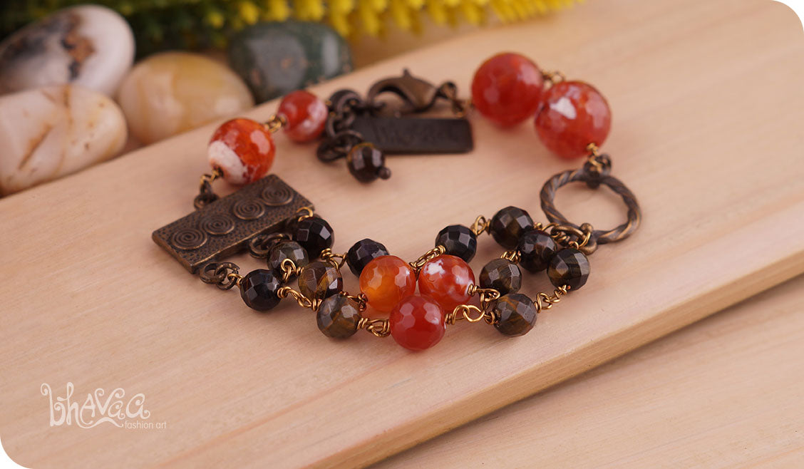 bhavaa Premium Gemstone Jewelry- Bracelet. Rustic Elegance Collection, Mark-1 | Gemstones: Orange Crab Agate Faceted, Brown Tigereye Faceted