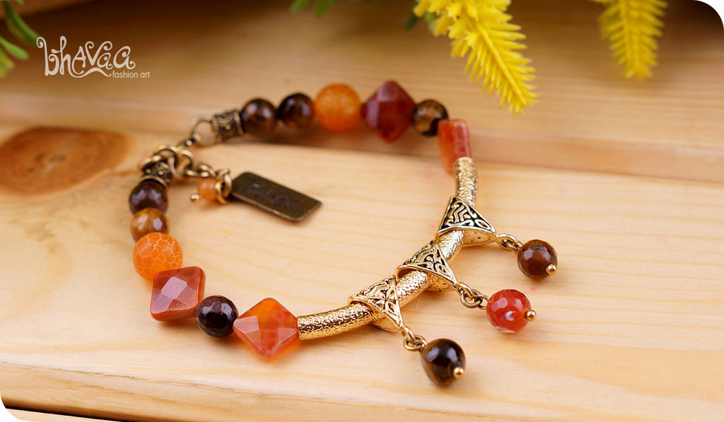 bhavaa Premium Gemstone Jewelry- Bracelet. Rustic Elegance Collection, Mark-2 | Gemstones: Orange Crab Agate, Agate Faceted, Orange Dream Fire Dragon Veins Agate, Orange Jade, Brown Tigereye Faceted