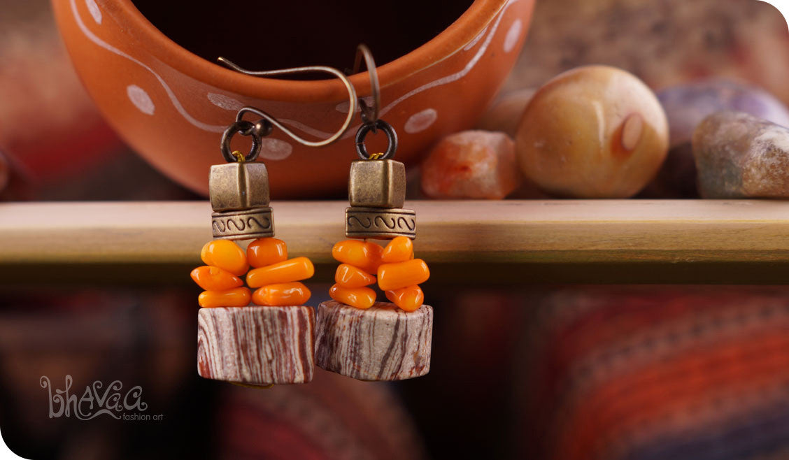 bhavaa Premium Gemstone Jewelry- Earrings. Rustic Elegance Collection, Mark-2 | Gemstones: Orange Coral, Brown Rainbow Jasper 