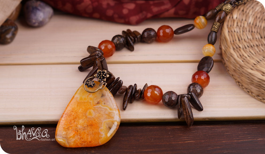 bhavaa Premium Gemstone Jewelry- Necklace. Rustic Elegance Collection, Mark-1 | Gemstones: Druzy Geode Agate Pendant, Orange Banded Agate, Carnelian, Bronzite, Brown Coffee Jasper