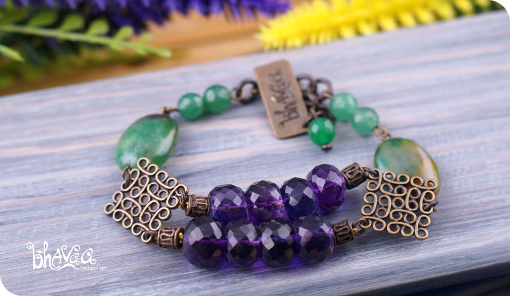 bhavaa Premium Gemstone Jewelry- Bracelet. Soothing Vibrancy Collection, Mark-1 | Gemstones: Amethyst Faceted, Green Jade, Green Agate Faceted