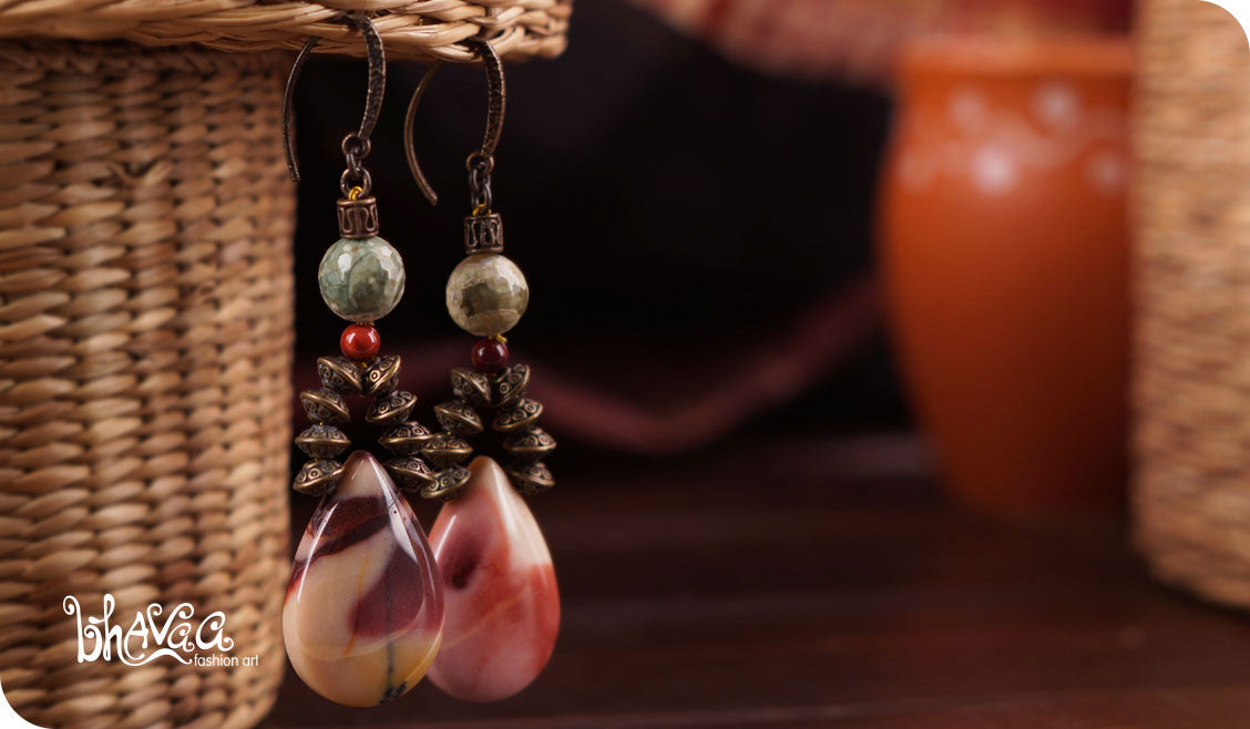 bhavaa Premium Gemstone Jewelry- Earrings. Soothing Vibrancy Collection, Mark-1 | Gemstones: Green Rhyolite Faceted, Purple Mookaite Jasper, Purple Riverstone 