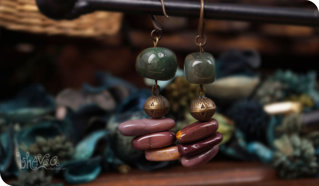 bhavaa Premium Gemstone Jewelry- Earrings. Soothing Vibrancy Collection, Mark-2 | Gemstones: Green Agate, Purple Mookaite Jasper