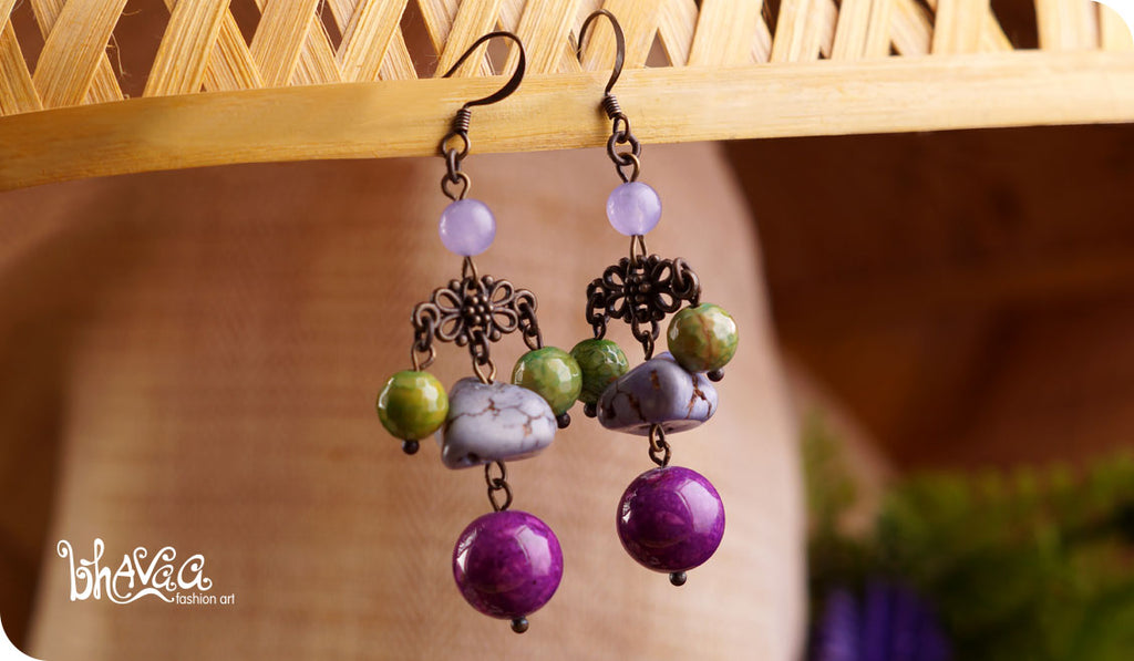 bhavaa Premium Gemstone Jewelry- Earrings. Soothing Vibrancy Collection, Mark-2 | Gemstones: Green Fire Crackle Agate Faceted, Purple Turquoise (very rare), Lavender Jade (very rare), Purple Riverstone (rare)