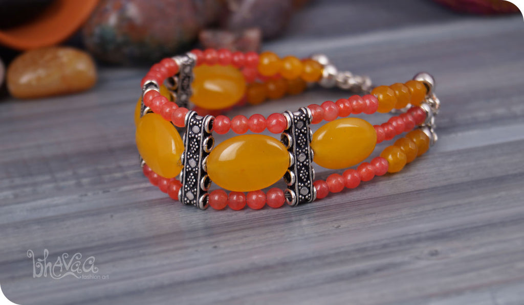 bhavaa Premium Gemstone Jewelry- Bracelet. Vivacious Charm Collection, Mark-1 | Gemstones: Yellow South American Topaz, Yellow Jade Faceted, Pink Jade Faceted