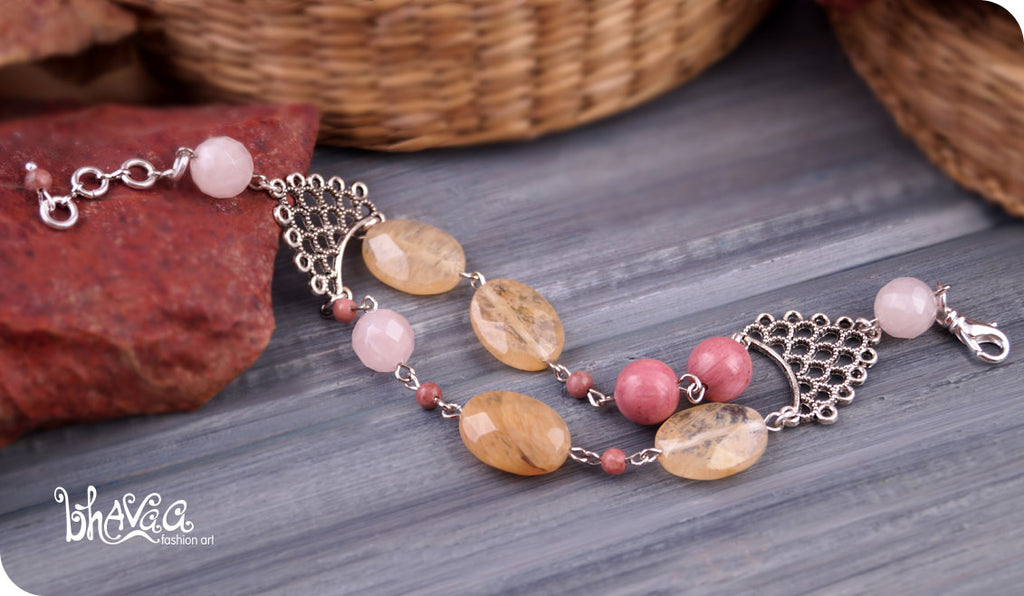 bhavaa Premium Gemstone Jewelry- Bracelet. Vivacious Charm Collection, Mark-1 | Gemstones: Pink Rhodonite, Pink Rose Quartz Faceted, Yellow Tourmalinated Quartz Faceted