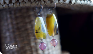 bhavaa Premium Gemstone Jewelry- Earrings. Vivacious Charm Collection, Mark-1 | Gemstones: Pink Fire Crackle Agate, Yellow Tourmalinated Banded Agate