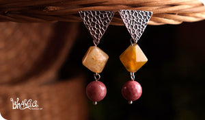 bhavaa Premium Gemstone Jewelry- Earrings. Vivacious Charm Collection, Mark-2 | Gemstones: Pink Rhodochrosite Faceted, Yellow Fire Crackle Agate