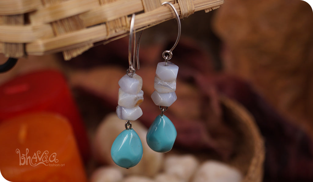 bhavaa Premium Gemstone Jewelry- Earrings. Serene Indulgence Collection, Mark-2 | Gemstones: Blue Pearl Faceted, Grey Chalcedony Faceted