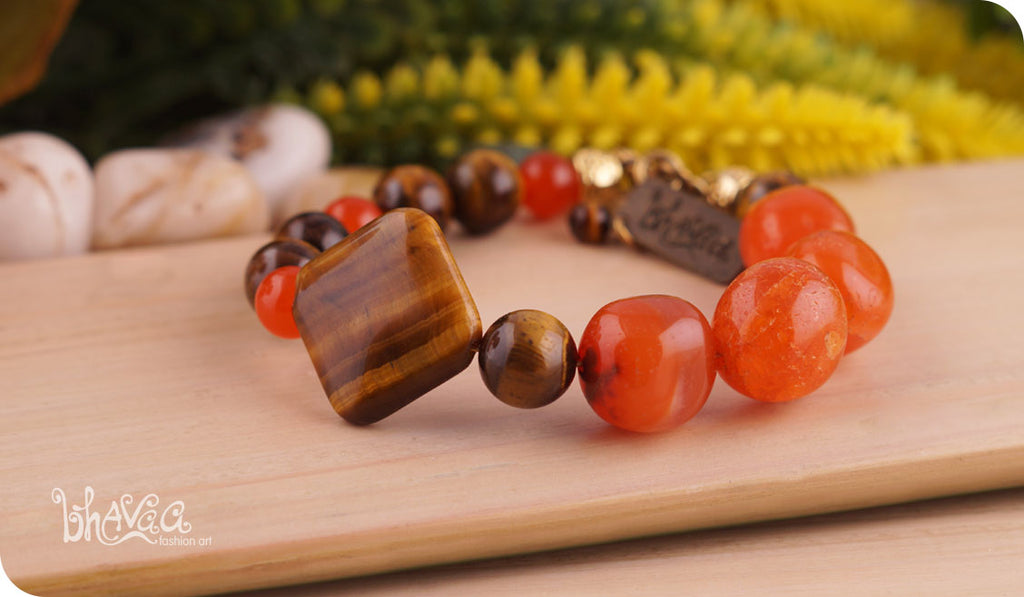 bhavaa Premium Gemstone Jewelry- Bracelet. Rustic Elegance Collection, Mark-2 | Gemstones: Orange Carnelian, Orange Agate, Brown Tigereye