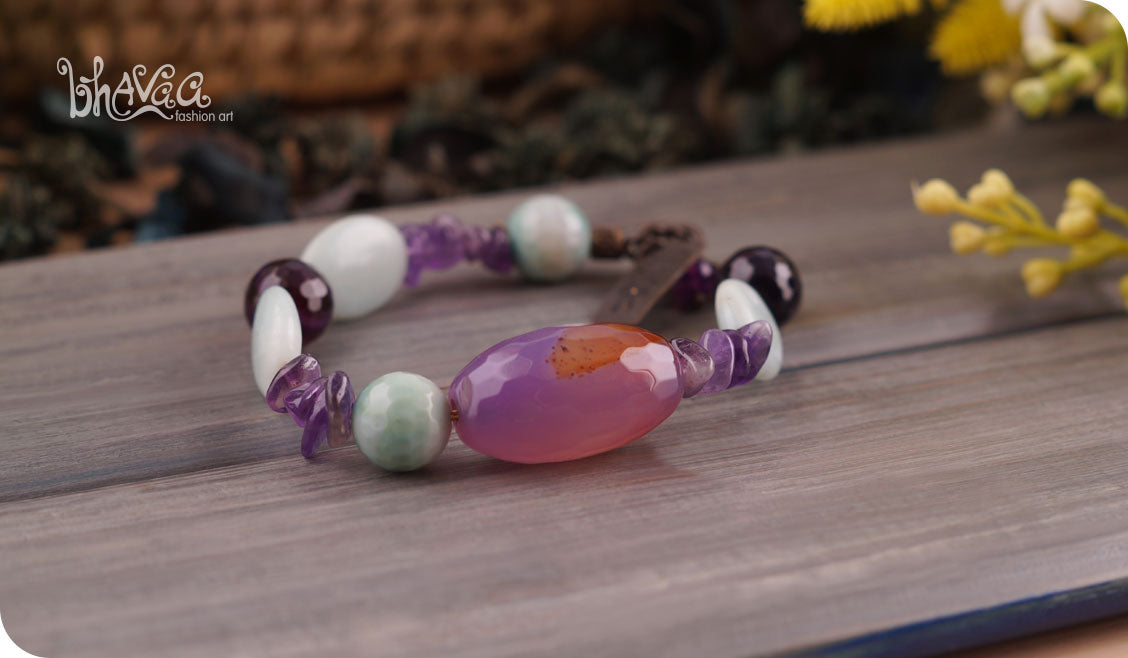 bhavaa Premium Gemstone Jewelry- Bracelet. Soothing Vibrancy Collection, Mark-1 | Gemstones: Green Amazonite, Green Agate Faceted, Purple Agate Faceted, Purple Dragon Veins Agate, Amethyst