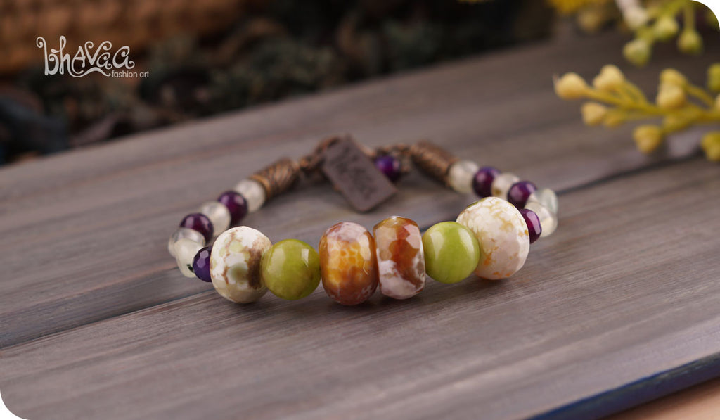 bhavaa Premium Gemstone Jewelry- Bracelet. Soothing Vibrancy Collection, Mark-2 | Gemstones: Green Crab Agate Faceted, Green Jade, Prehnite, Purple Agate Faceted, Green Prehnite Faceted