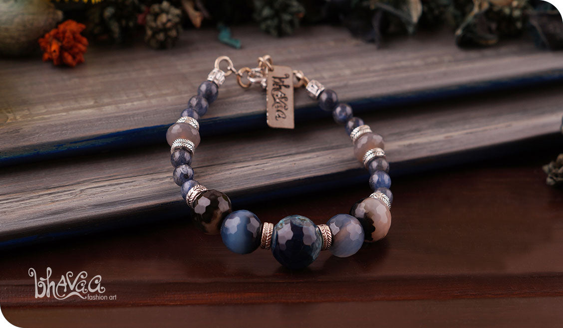 bhavaa Premium Gemstone Jewelry- Bracelet. Serene Indulgence Collection, Mark-2 | Gemstones: Blue Agate Faceted, Grey Agate Faceted, Blue Stripe Agate Faceted, Grey Kyanite