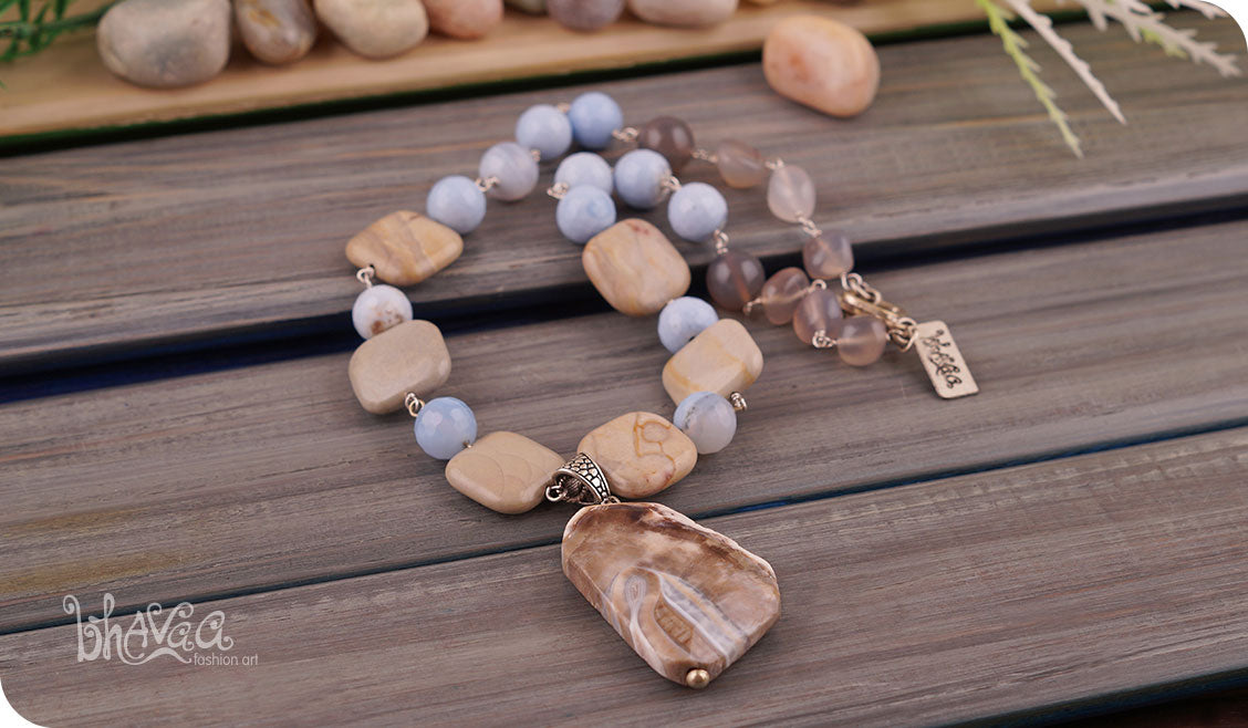 bhavaa Premium Gemstone Jewelry- Necklace. Serene Indulgence Collection, Mark-1 | Gemstones: Grey Agate Faceted, Grey Imperial Jasper, Blue Agate Faceted, Grey Agate