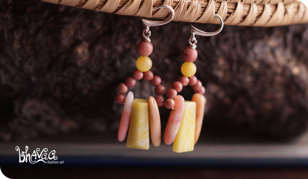 bhavaa Premium Gemstone Jewelry- Earrings. Vivacious Charm Collection, Mark-1 | Gemstones: Pink Rhodochrosite, Yellow Jade, Pink Rhodonite, Pink Opal