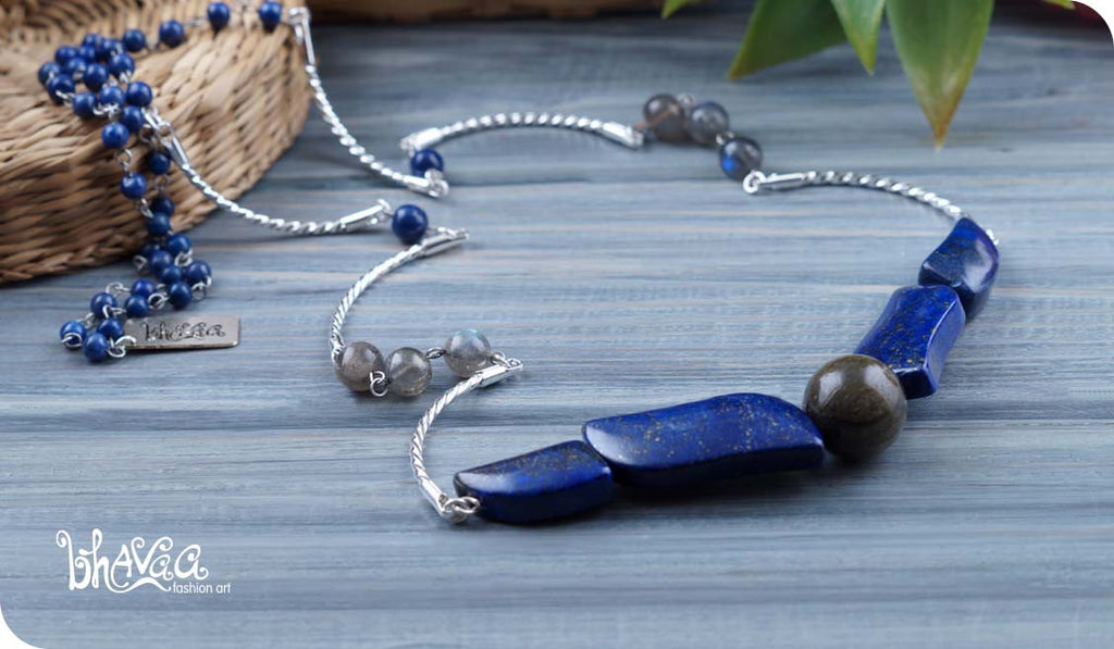 bhavaa Premium Gemstone Jewelry- Necklace. Vivacious Charm Collection, Mark-1 | Gemstones: Grey Golden Obsidian, Labradorite, Lapis Lazuli