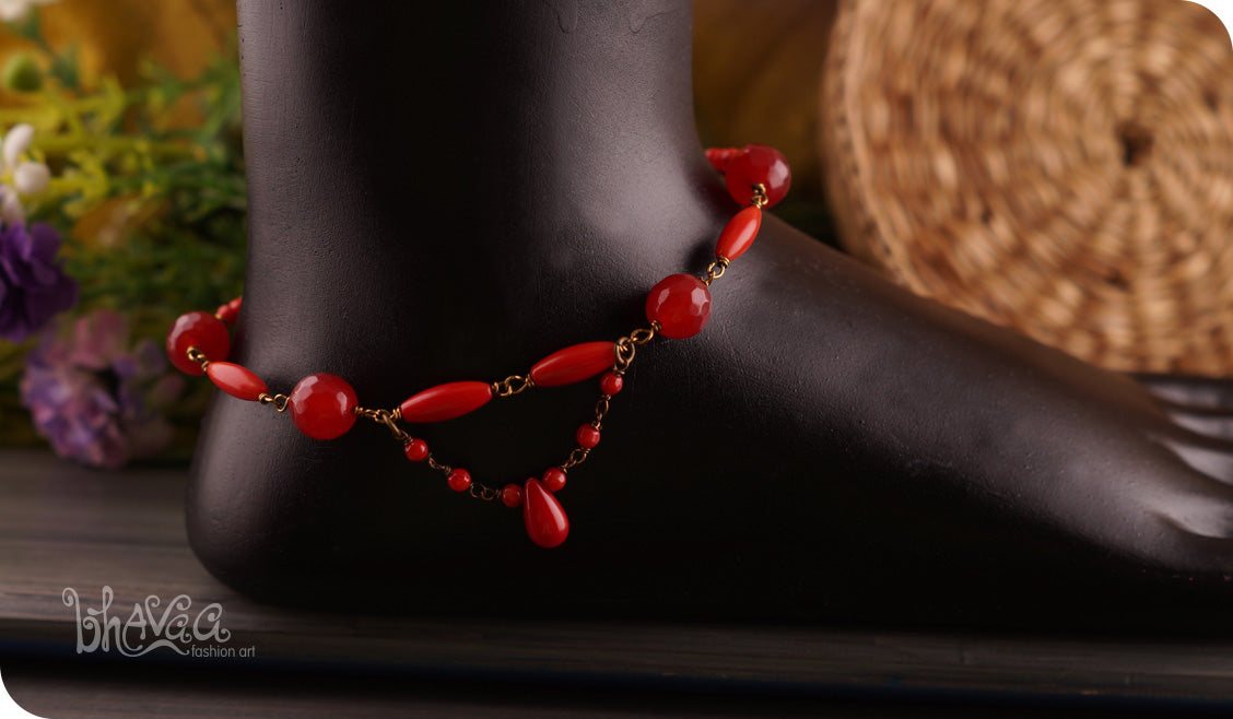 bhavaa Premium Gemstone Jewelry- Anklet. Coy Radiance Collection, Mark-1 | Gemstones: Red Coral, Red Coral Faceted, Red Ruby Faceted