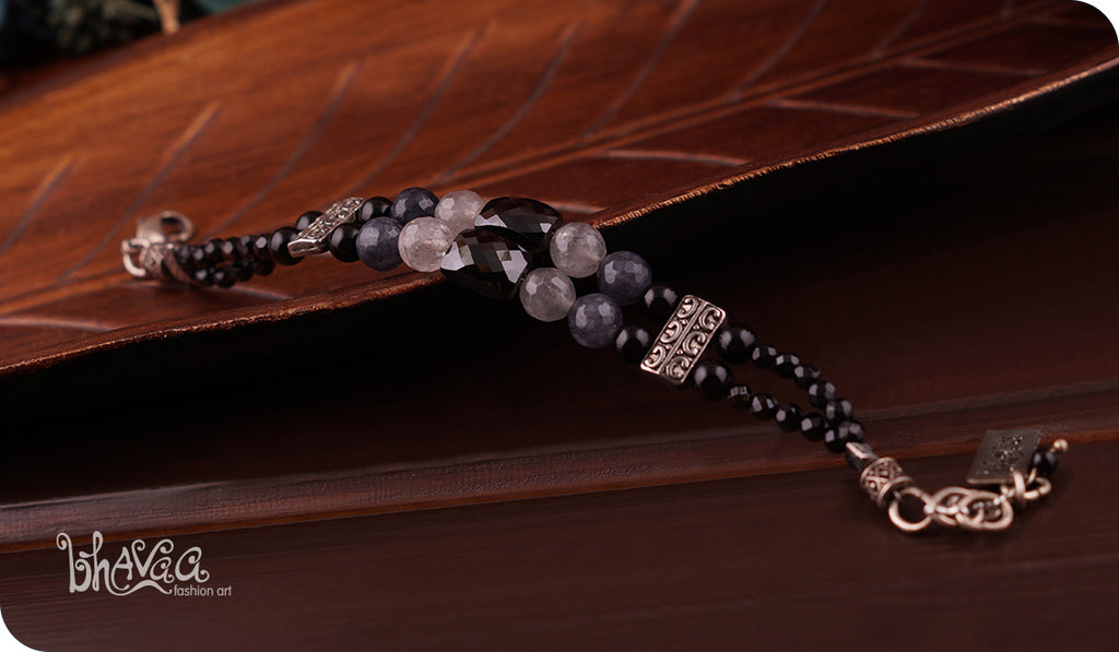 bhavaa Premium Gemstone Jewelry- Bracelet. Innate Poise Collection, Mark-1 | Gemstones: Black Onyx Agate, Black Agate Faceted, Black Spinel Faceted, Grey Cloudy Quartz Faceted, Grey Brazilian Aquamarine Faceted