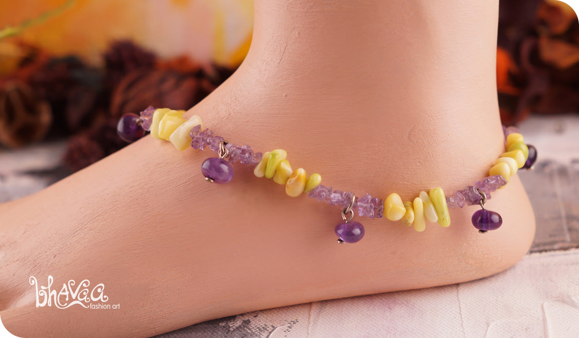 bhavaa Premium Gemstone Jewelry- Anklet. Soothing Vibrancy Collection, Mark-1 | Gemstones: Green Coral, Amethyst