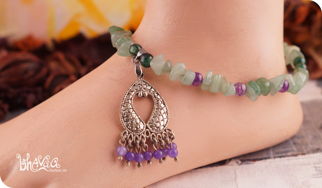 bhavaa Premium Gemstone Jewelry- Anklet. Soothing Vibrancy Collection, Mark-1 | Gemstones: Green Dragon Veins Agate, Purple Fire Crackle Agate, Lavender Jade, Green Aventurine