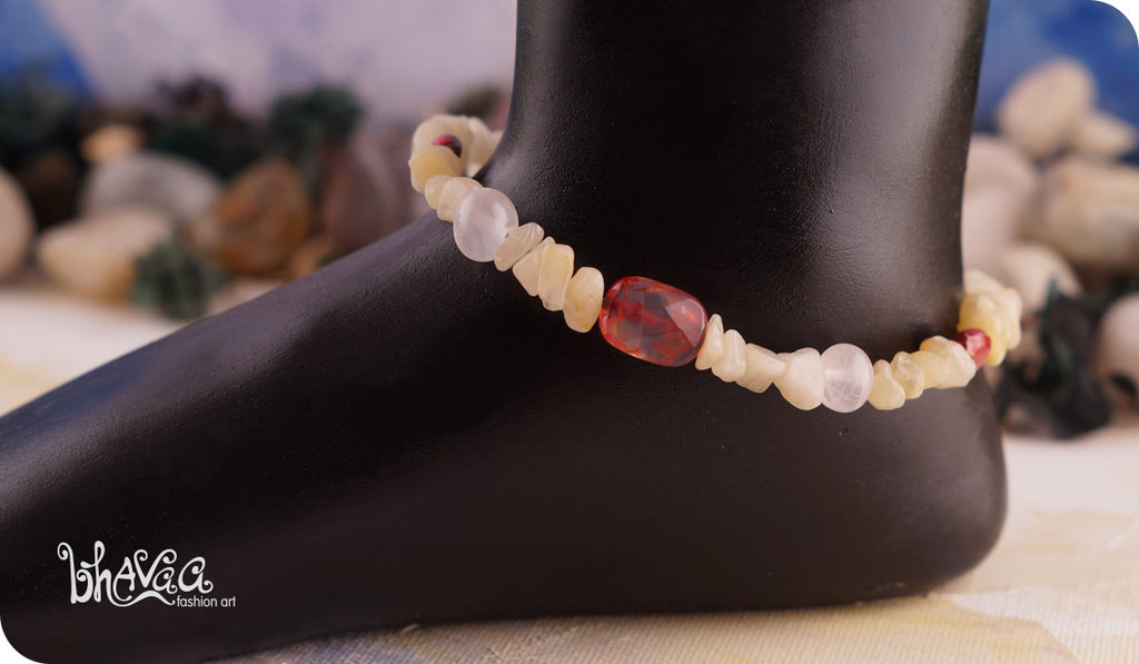 bhavaa Premium Gemstone Jewelry- Anklet. Vivacious Charm Collection, Mark-2 | Gemstones: Yellow Jade, Rose Quartz, Pink Sea Sediment Jasper, Pink Fire Crackle Agate Faceted