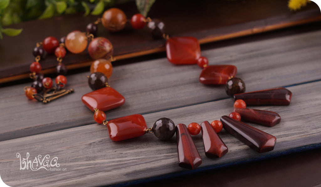 bhavaa Premium Gemstone Jewelry- Necklace. Rustic Elegance Collection, Mark-1 | Gemstones: Orange Onyx Agate Faceted, Carnelian Faceted, Carnelian, Garnet, Bronzite Faceted, Brown Picasso Jasper, Tiger Eye, Brown Agate faceted