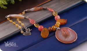 bhavaa Premium Gemstone Jewelry- Necklace. Vivacious Charm Collection, Mark-1 | Gemstones: Pink Crystal Agate, Pink Watermelon Tourmaline, Yellow Fire Crackle Agate, Pink Banded Agate, Pink Cherry Quartz Faceted, Yellow Citrine Quartz, Pink rose Quartz Faceted, Yellow Agate Faceted