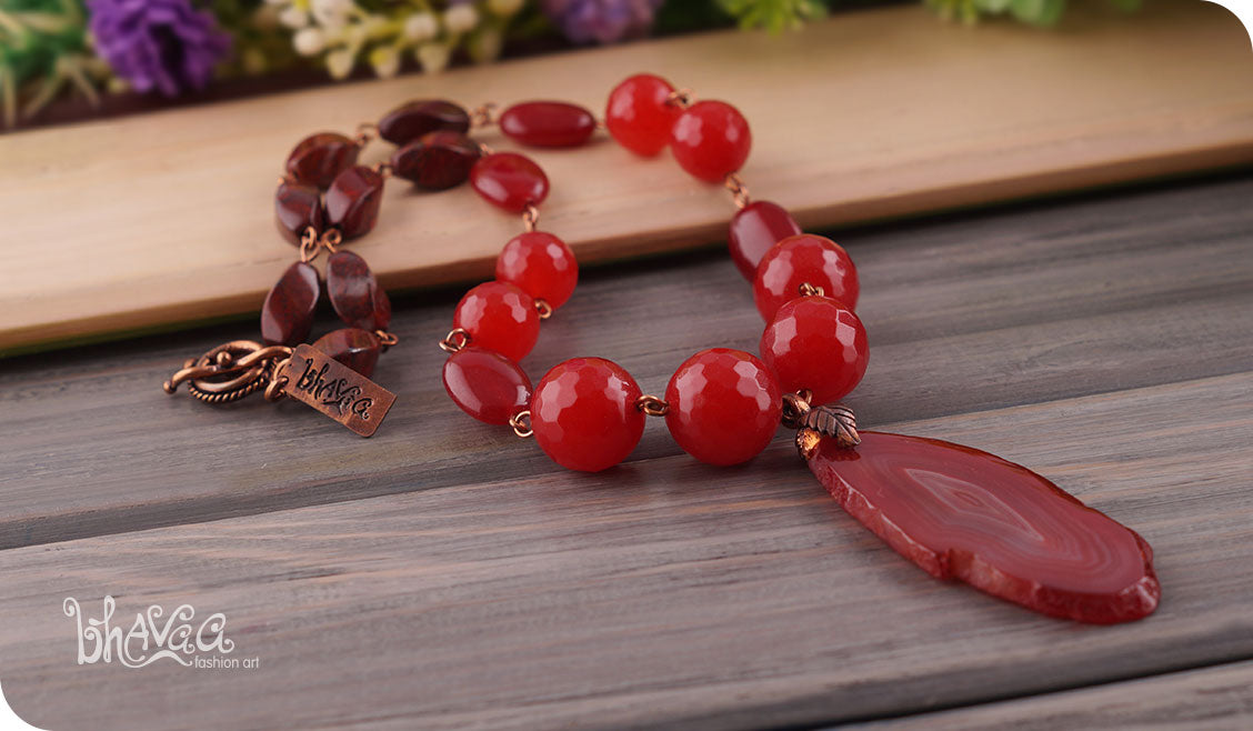 bhavaa Premium Gemstone Jewelry- Necklace. Coy Radiance Collection, Mark-1 | Gemstones: Red Crazy Lace Agate, Red Jade Faceted, Carnelian, Morgan Hill Jasper