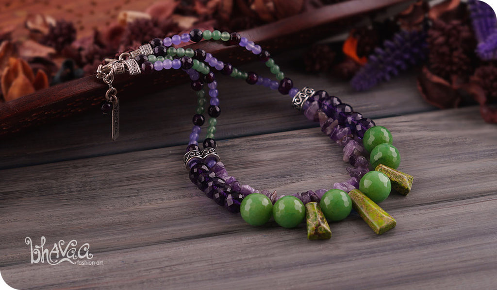 bhavaa Premium Gemstone Jewelry- Necklace. Soothing Vibrancy Collection, Mark-1 | Gemstones: Green Jade Faceted, Green Sea Sediment Jasper, Amethyst, Purple Agate Faceted