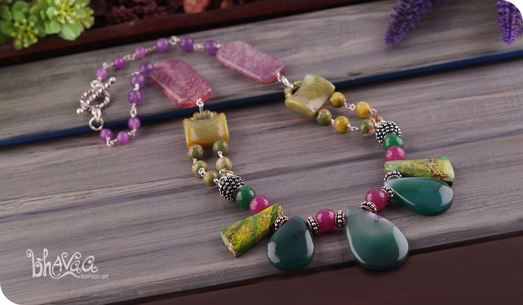 bhavaa Premium Gemstone Jewelry- Necklace. Soothing Vibrancy Collection, Mark-1 | Gemstones: Green Onyx Agate, Green Crab Fire Crackle Agate Faceted, Purple Fire Crackle Agate, Green Banded Agate, Green Sea Sediment Jasper, Purple Jade Faceted, Green Jade Faceted, Peridot, Purple Jade