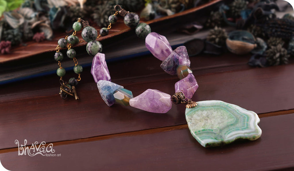 bhavaa Premium Gemstone Jewelry- Necklace. Soothing Vibrancy Collection, Mark-1 | Gemstones: Green Druzy Geode Agate, Green Fluorite, Green Zoisite Faceted, Banded Agate Faceted, Amethyst Faceted